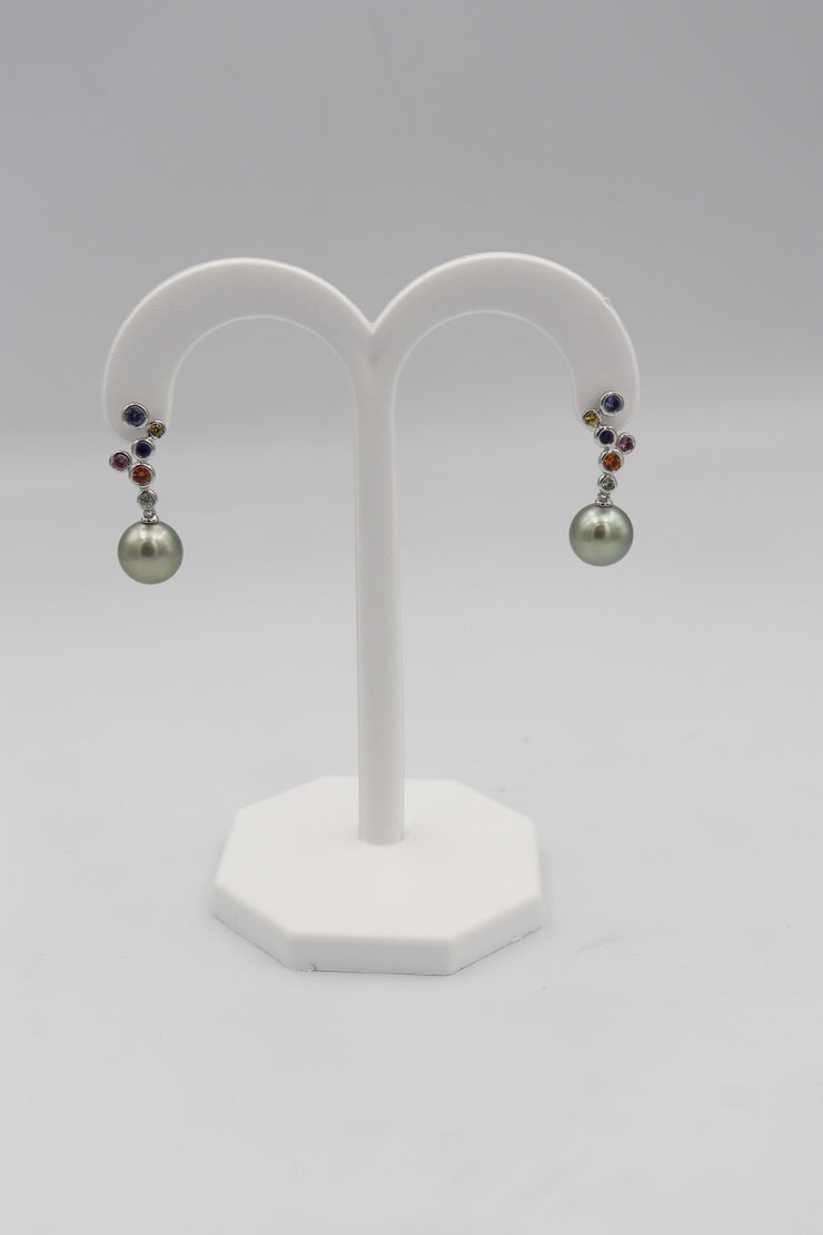 14Karat White Gold Tahitian Pearl Earrings With Multi Colored Sapphires