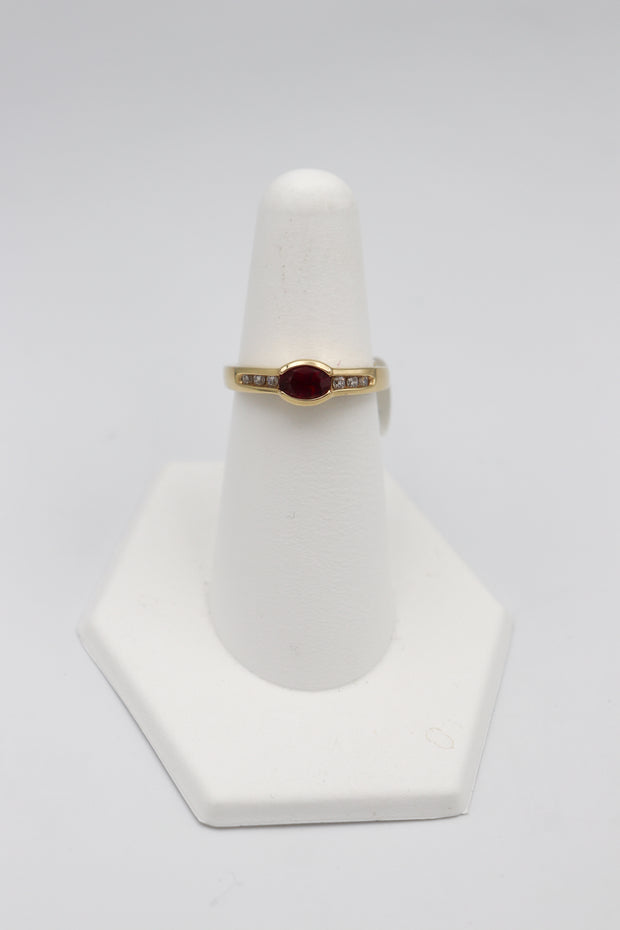 14Karat Yellow Gold Bezel Set Natural Oval Ruby and Diamond Ring