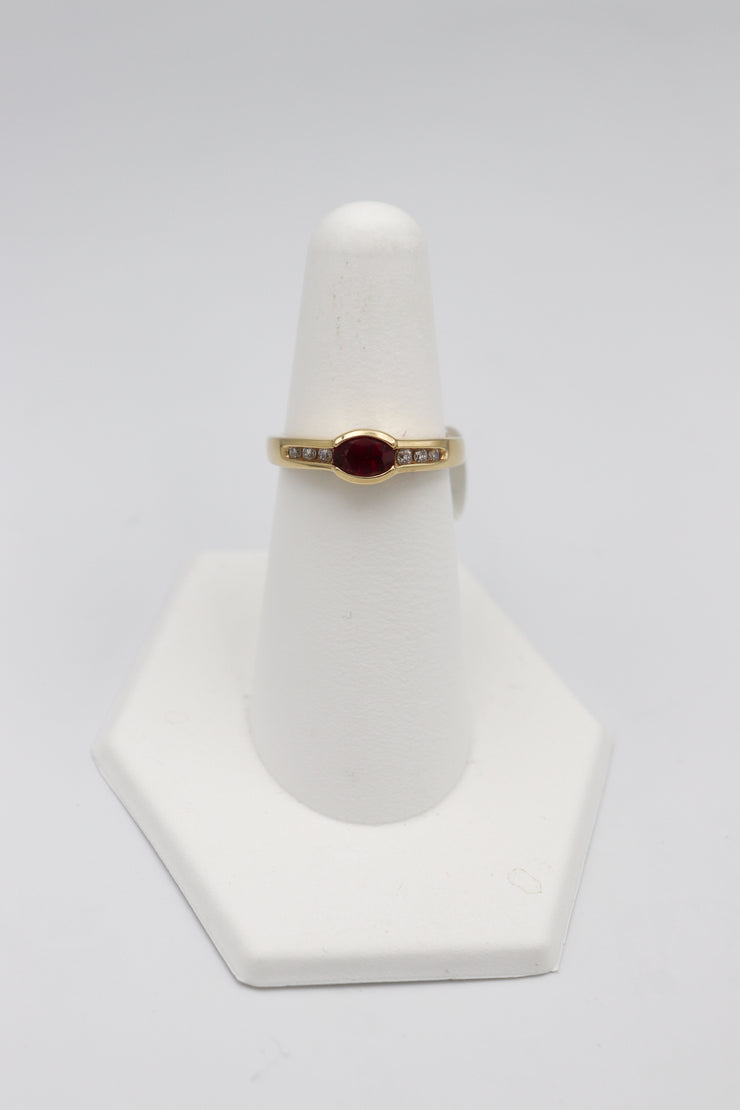 14Karat Yellow Gold Bezel Set Natural Oval Ruby and Diamond Ring